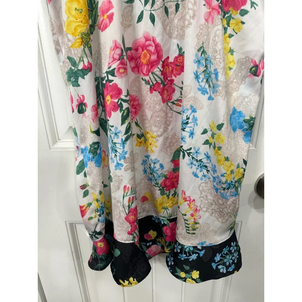 Betsey Johnson Floral Satin Chemise Nightgown Medium Ruffle Hem Cage Back Slip